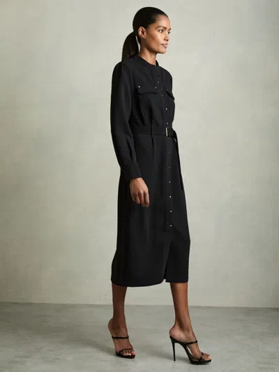 Reiss Black Twill Belted Shirt Dress