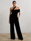 Reiss Black Velvet One-shoulder Wide-leg Jumpsuit In Black