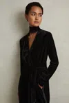 Reiss Black Vera Velvet Belted Wide Leg Jumpsuit In Black