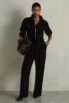 Reiss Black Vinnia Patch-pocket Velvet Jumpsuit In Black