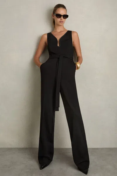 Reiss Black Wide-leg Sleeveless Jumpsuit With Curved Neckline