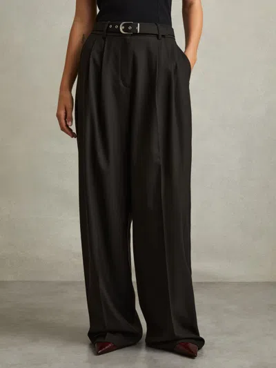 Reiss Black Wide Petite Belted Wide Leg Trousers