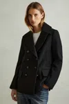 REISS BLACK WOOL BLEND DOUBLE BREASTED PEA COAT