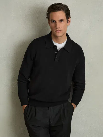 Reiss Black Wool Textured Long Sleeve Polo Shirt