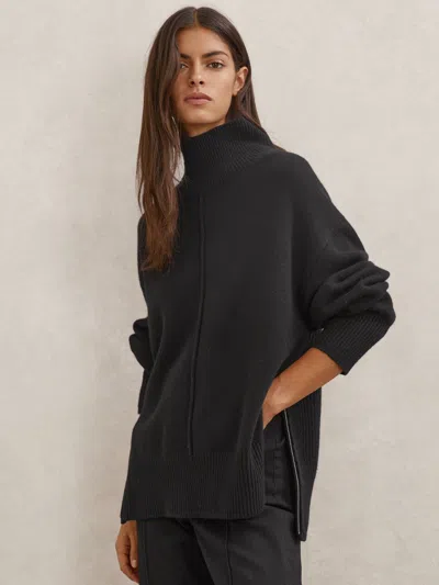 Reiss Black Wool Zip-detail Funnel-neck Jumper