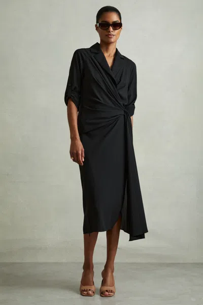 Reiss Black Wrap Front Twist Detail Midi Dress