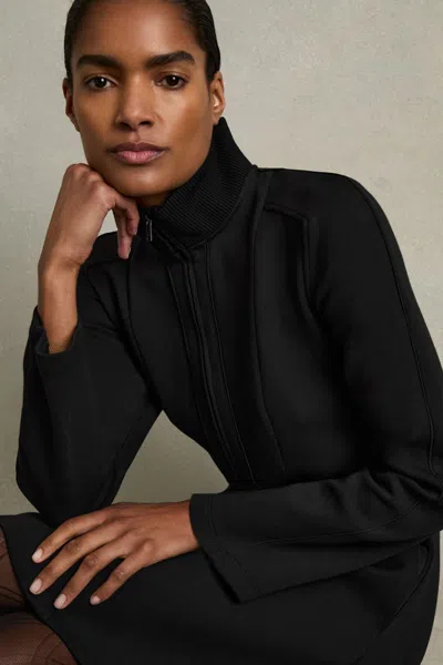 Reiss Women's Black Cotton Zip Neck Interlock Jersey Dress