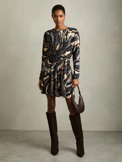 Reiss Black/blue Jersey Printed Tie-waist Mini Dress