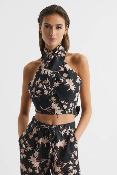Reiss Black/blush Printed 100% Linen Halter Neck Cropped Top