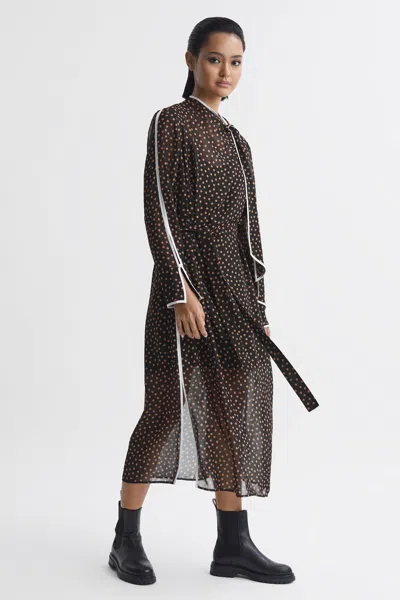 Reiss Black/brown Polka Dot Tie Neck Midi Dress