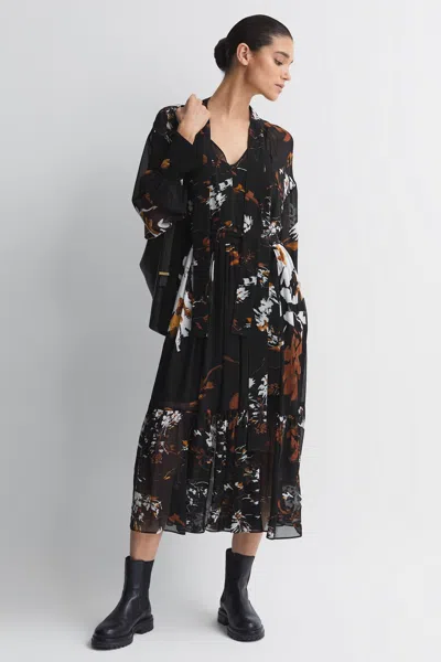 Reiss Black/brown Charlotte Floral Neck Tie Midi Dress In Multi