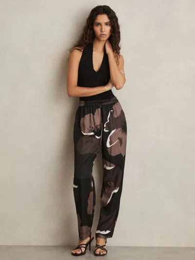 Reiss Black/brown Floral-print Wide-leg Trousers In Multi