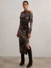 Reiss Black/brown Velvet Leopard-print Midi Dress In Multi