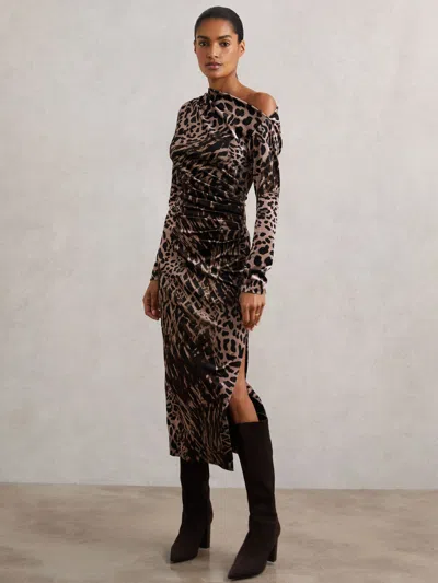 Reiss Black/brown Velvet Leopard-print Midi Dress In Multi