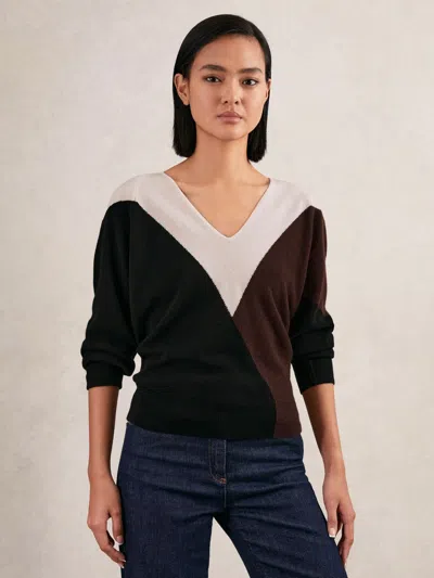 Reiss Black/burgundy/cream Wool-blend Colour-block Knit Jumper With Cashmere
