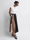 Reiss Black/camel Colourblock Pleated Midi Skirt In Multi