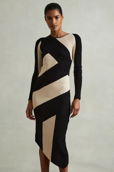 Reiss Women's Black & Beige Knitted Asymmetric Midi Dress In Black/camel