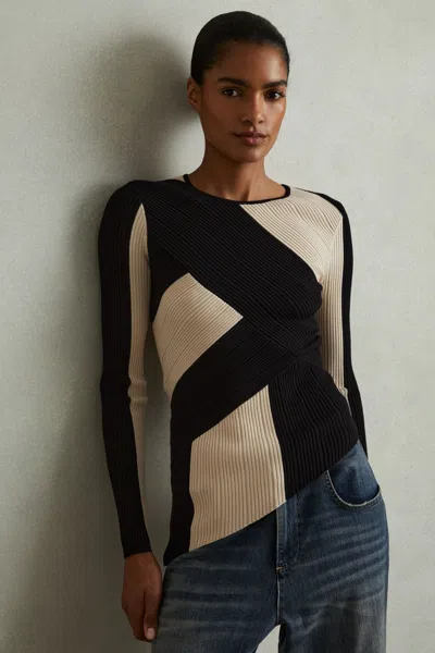 Reiss Black/camel Knitted Colourblock Asymmetric Top