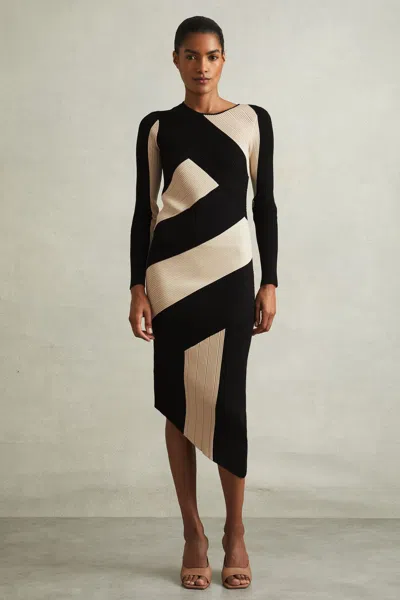 Reiss Womens Black/camel Jem Colour-block Slim-fit Stretch-knit Midi Dress