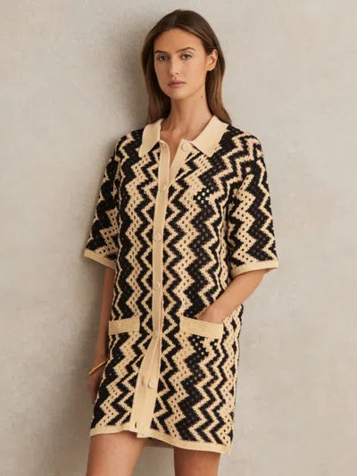 REISS REISS BLACK/CREAM NATALIE COTTON BLEND PATTERNED CROCHET DRESS