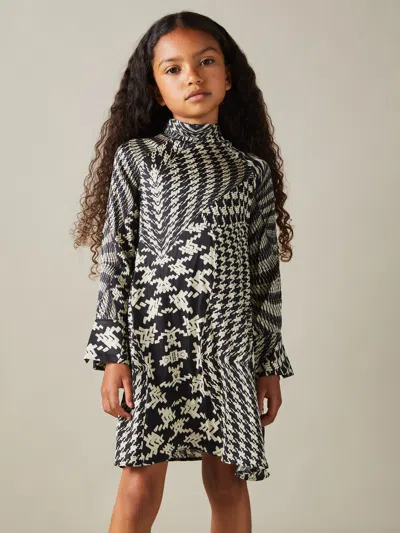 Reiss Black/cream 9-13 Yrs Dogtooth Flared Hem Dress