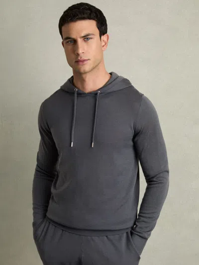 REISS REISS BLACKEND BLUE HOLLAND MERINO WOOL DRAWSTRING HOODIE