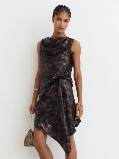 Reiss Black/gold Metallic-thread Printed Draped Mini Dress