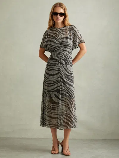 REISS BLACK/GREY ANIMAL PRINTED MIDI DRESS