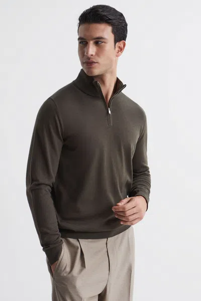 Reiss Blackhall - Dark Military Green Zip Up Knitted Jumper, Uk X-small In Dark Military Green