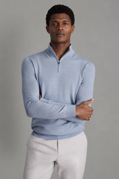 Reiss Blackhall - Soft Blue Melange Merino Wool Half-zip Funnel Neck Jumper, L