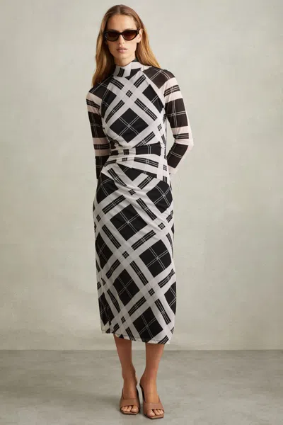 Reiss Black/ivory Darla Checked Ruched Midi Dress