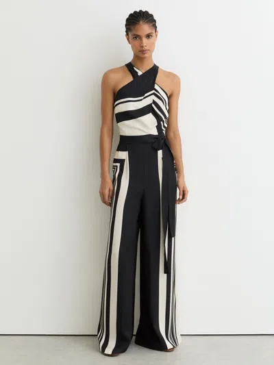 Reiss Black/ivory Scarf-print Belted Wide-leg Jumpsuit