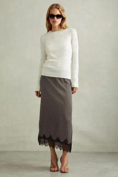 REISS REISS BLACK/IVORY IVY STRIPED LACE TRIM MIDI SKIRT