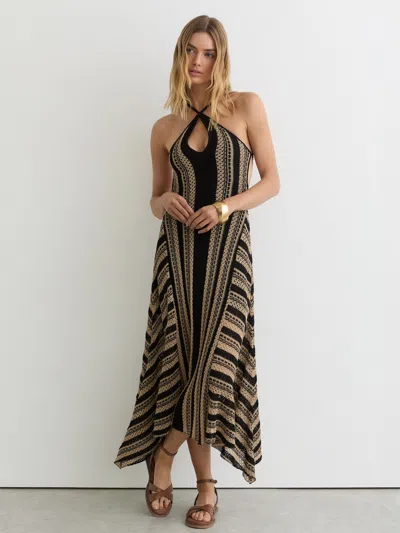 Reiss Black/neutral Stripe Crochet-knit Tie-back Maxi Dress