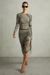 Reiss Womens Black Olive Riyo Graphic-print Ruched Stretch-jersey Midi Dress In Black/olive