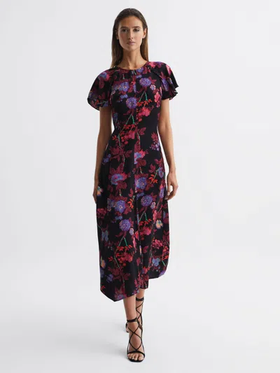 Reiss Black/pink Leni Fitted Floral Print Midi Dress In Multi