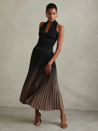 Reiss Black/taupe Ombre Pleated Midi Skirt
