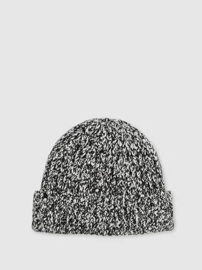 Reiss Black/white Cotton Wool Ribbed Mouliné Beanie In Multi