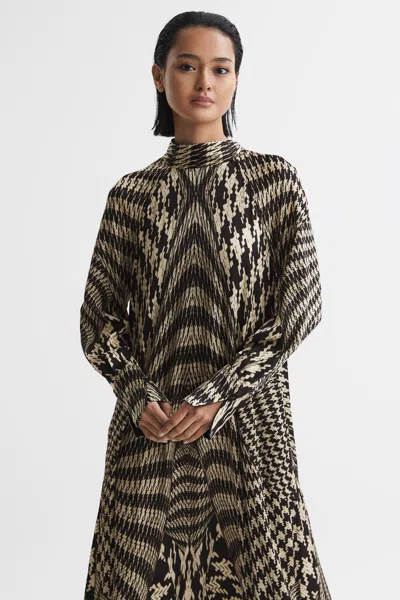 Reiss Kate Houndstooth-print Woven Midi Dress In Black