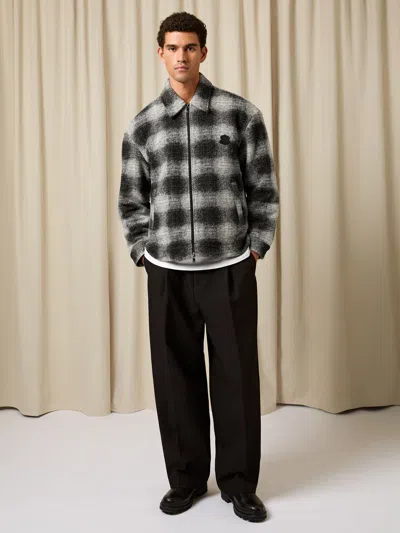Reiss Black/white Monogram Embroidered Check Overshirt With Wool