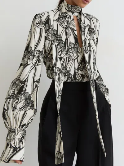 Reiss Black/white Silk Floral-print Tie-neck Blouse
