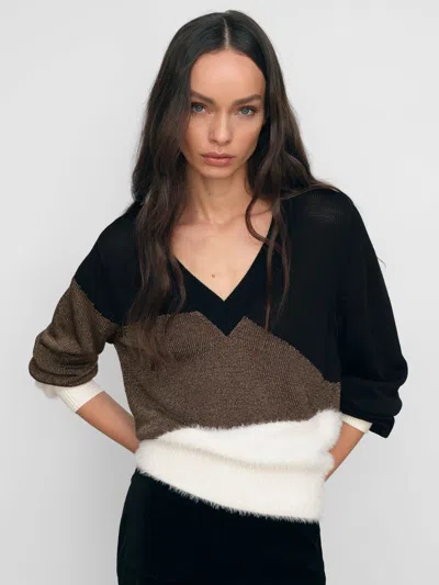Reiss Black/white/metallic Metallic-knit Panelled V-neck Jumper In Multi