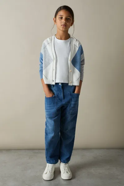 Reiss Kids'  Blue Stanton 9-13 Yrs Argyle Cardigan With Wool And Cashmere