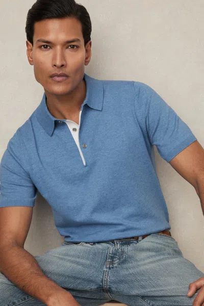 Reiss Blue Contrast-placket Polo Shirt With Cotton