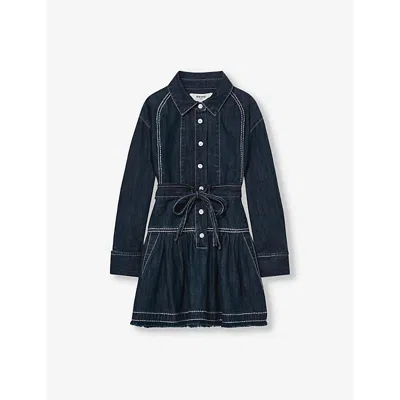 Reiss Kids' Contrast Top-stitch Belted Denim Shirt Dress 9-13 Years Blu In Blue