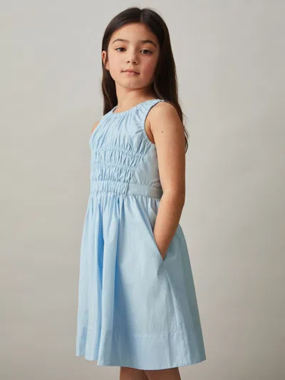 Reiss Blue Cotton Shirred Sleeveless Dress