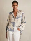 Reiss Blue Floral Print Gathered Cut Out Shirt In Blue