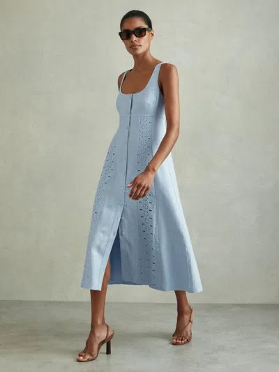 Reiss Blue Clarice Linen Broderie Midi Dress