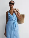 Reiss Blue Linen Side Tie Midi Dress