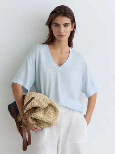 Reiss Blue Linen V-neck T-shirt